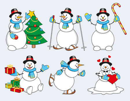 Set of winter cartoon snowman isolated illustrationのイラスト素材