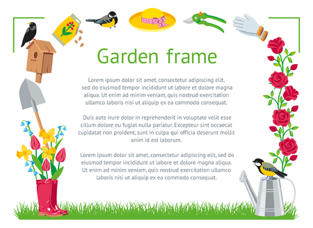 Garden frame cartoon style. Garden collection tools isolated on white background illustrationのイラスト素材