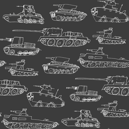 Military transport pattern with a different tanks model. Hand draw seamless army texture with vehicle sketchのイラスト素材
