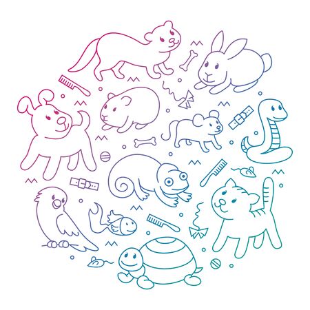 Pet shop, types of pets in circle template, cartoon illustrations animals in line style. Logo, pictogram, infographic elementsのイラスト素材