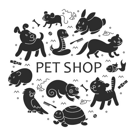 Pet shop silhouette, types of pets in circle tamplete, cartoon illustrations animals in line style. Logo, pictogram, infographic elementsのイラスト素材