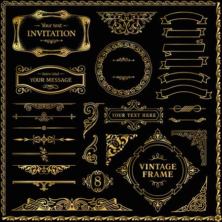 Design elements gold set, decorative flourish border corner and frame collection for invitation, menu and page decorationのイラスト素材