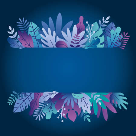 Neon tropical leaves, plants and herbs background in madern flat style. Frame template for cards, posters, bannersのイラスト素材
