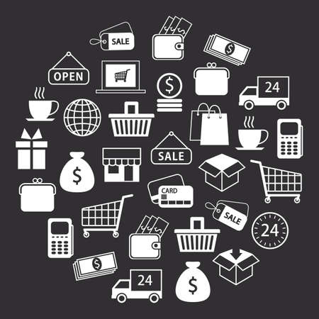 Shopping icons circle frame. decorative illustration for busness template on black backgroundのイラスト素材