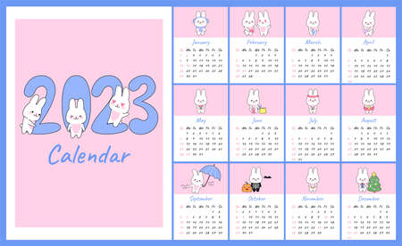 Vertical calendar 2023 with cute kawaii rabbits. Covers and 12 month pages bunny character mascot symbol year. Week starts on Sunday. For size A4, A5, A3. Vector flat cartoon template.のイラスト素材
