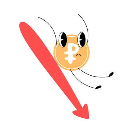 The fall of the Russian ruble. Ruble down. Sad ruble in retro cartoon style. Sanctions against Russia. The economic crisis.のイラスト素材