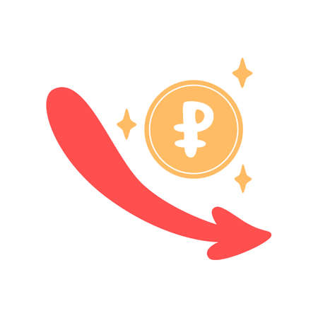 The fall of the Russian ruble. Ruble down. A coin with the ruble symbol in a doodle style.のイラスト素材