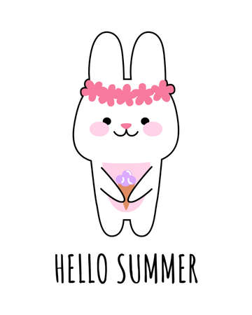 A happy hare in a wreath of flowers eats ice cream. The concept of hello summer. Vector kawaii illustration for prints, postcards, banners, templates.のイラスト素材