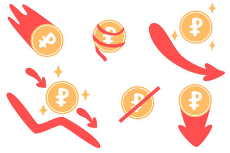 Set the fall of the Russian ruble. Ruble down. A coin with the ruble symbol in a doodle style.のイラスト素材