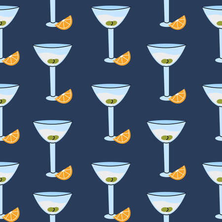 Seamless pattern martini glass with olives and orange slice.のイラスト素材