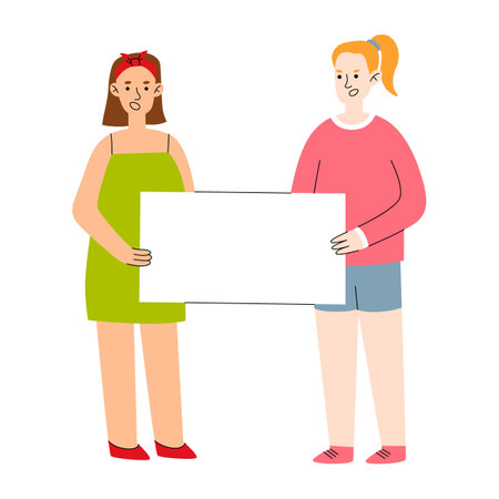 People with placards. Activist, political person holding protest banner. Feminism girl, vote or demonstration group utter vector characters.のイラスト素材