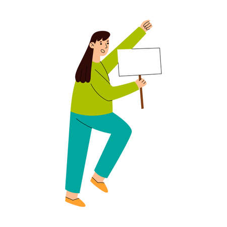 People with placards. Activist, political person holding protest banner. Feminism girl, vote or demonstration group utter vector characters.のイラスト素材