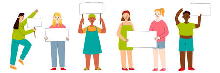 People with placards. Activists, political person holding protest banner. Feminism girl, vote or demonstration group utter vector characters.のイラスト素材