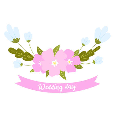 Floral illustration, pink and blue flowers isolated on a white background. Design for Wedding day, save the date.のイラスト素材
