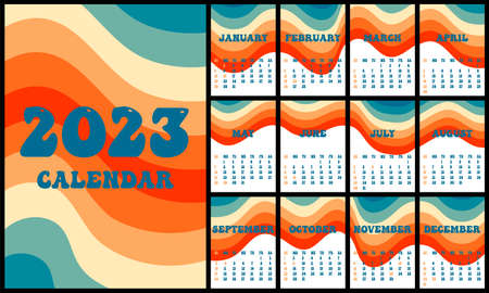 Calendar 2023 retro groovy wallpaper. Vertical Covers and 12 month pages. Week start on Sunday. A4 A3 A2 A5. Minimalistic design.のイラスト素材