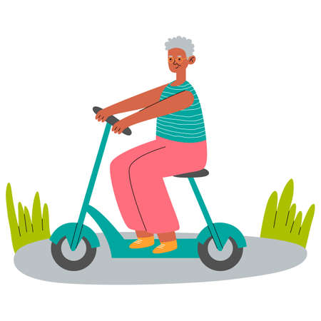 Old black woman on seat of electric scooter. Modern grandmother with eco-friendly moped. Rider sitting on chair of trendy urban transport.のイラスト素材