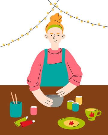 Pottery hobby. Handcrafted earthenware, pottery workshop. Ceramic craft master, ceramics pottery artist or pot craftsman workshop vector illustration. Girl, women making clay pots, crockery and otherのイラスト素材