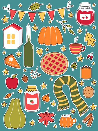 Set autumn stickers. Cozy warm fall. Cute cottagecore symbols.のイラスト素材