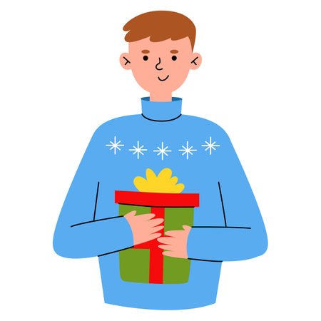 Young man with New Year gifts. Funny cartoon characters preparing for Christmas. Man receiving presents. Christmas sale or Secret Santa surprises concept.のイラスト素材