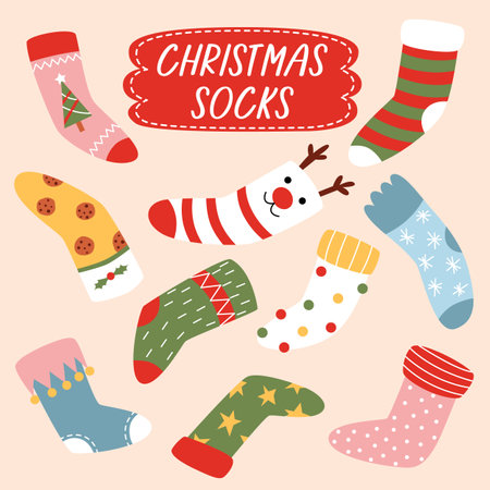 Set christmas stockings. Various traditional colorful and ornate holiday stockings or socks collection.のイラスト素材