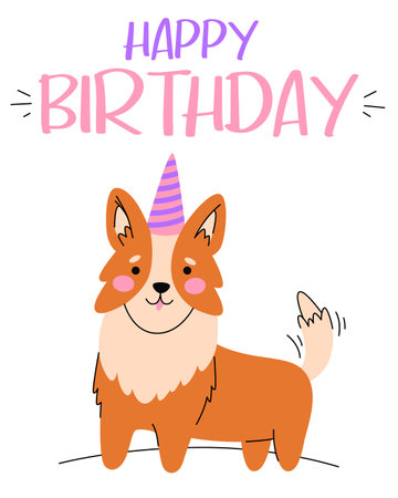 Cute corgi, happy little fun puppy. Card with text Happy Birthday. Kawaii dog. Holiday celebration.のイラスト素材