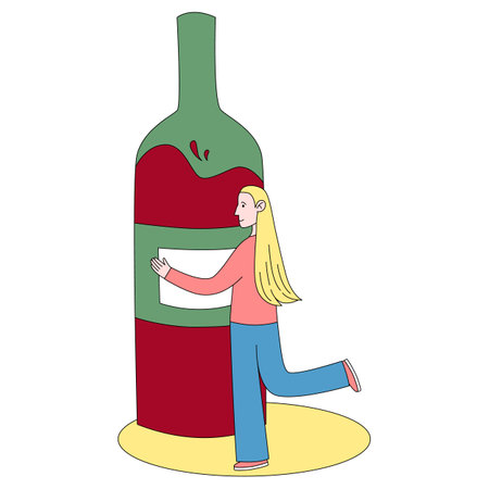 Sad teen girl hugs a bottle of wine. A young woman and alcohol. Alcohol abuse, excess and addiction.のイラスト素材