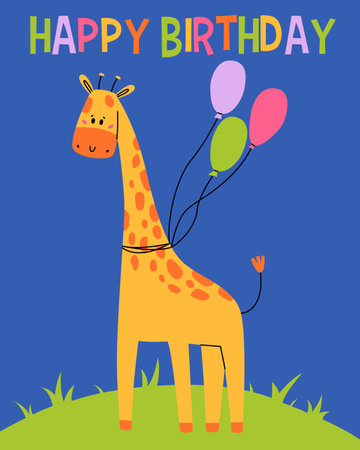 Happy birthday card with fun giraffe. Cute animal with balloon. Children greeting card for print.のイラスト素材