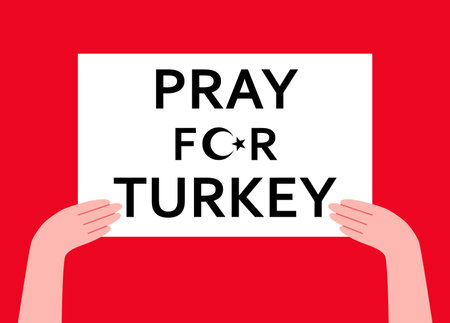 Pray for Turkey. Turkey is under earthquake. Turkey flag post for awareness message. Person holding banners.のイラスト素材