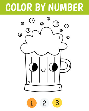 Color by number game for kids. Cute mug beer. St. Patricks Day coloring book. Printable worksheet with solution for school and preschool. Learning numbers activity.のイラスト素材