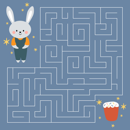 Maze game for kids. Cute bunny looking for a way to the easter cake. Kawaii easter. Printable worksheet.のイラスト素材