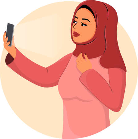Arabic young woman in hijab making selfie, Muslim girl in fashion traditional dress from UAE or Saudi Arabia posing, islamic model vector illustrationのイラスト素材
