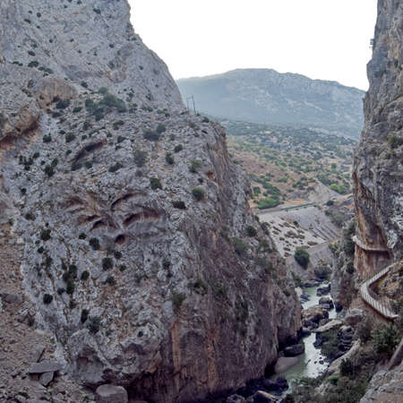 Great and dangerous gorge of the tourist place of Caminito del Rey in the Sierra de Ardales, Malaga, Andalusia, Spainの写真素材