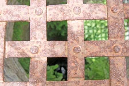 Iron fence covering a well with weeds at the bottomの写真素材