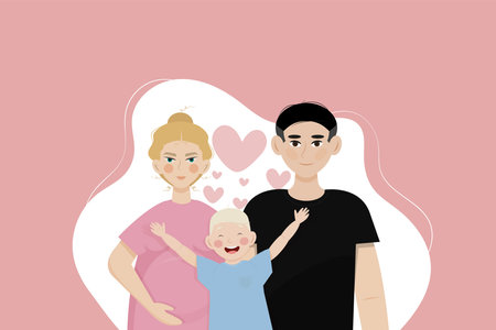 Cartoon family portrait - dad, pregnant mom and their son. Vector illustration.のイラスト素材
