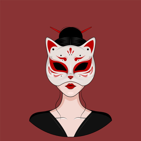 Girl Wearing A Japanese Kitsune Fox Maskのイラスト素材