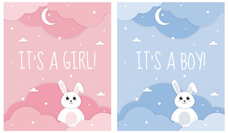 Its a girl, Its a boy card. Set of invitation card for baby new born celebration with cartoon rabbit and clouds. Paper cut style.のイラスト素材