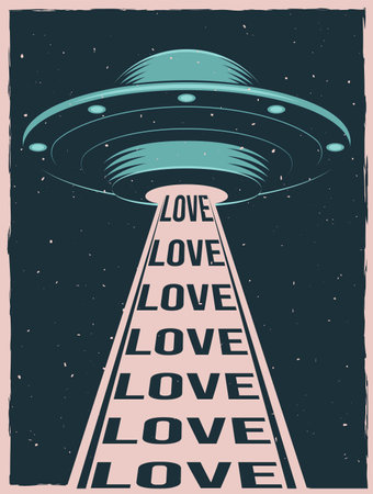 Vintage colorful poster with UFO. Unidentified flying object with text love.のイラスト素材