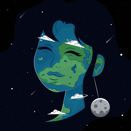 Earth girl with a moon earring and galaxy hair. Vector illustration for Earth day. World environment day.のイラスト素材