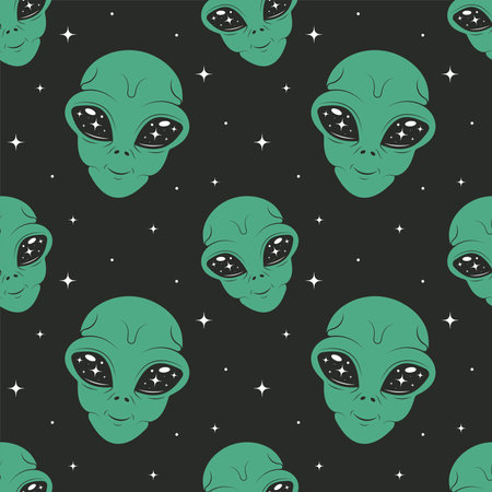 Vector seamless pattern with cute alien on black backgroundのイラスト素材