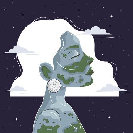Mother earth day poster with girl in outer space. World environment day. Vector illustrationのイラスト素材