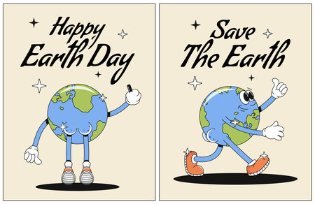 Posters with cute Earth character. Trendy groovy style cards for Earth day. Vector illustrationのイラスト素材
