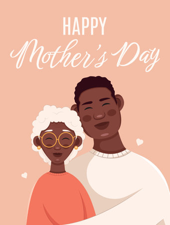 Mothers day greeting card. African American woman and her adult son hugging. Vector illustration in flat style.のイラスト素材
