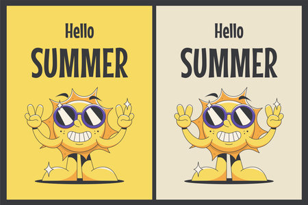 Hello summer in groovy style. Cartoon Sun with glasses making a peace sign with both hands. Vintage vector poster set.のイラスト素材