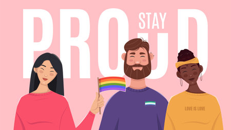 Horizontal social media banner in support of LGBTQ. Pride month celebration wallpaper with flat charactersのイラスト素材
