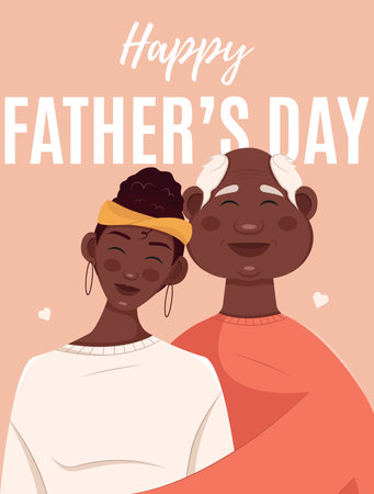 Happy Fathers day celebration card. Adult dad hugging his daughter. Vertical flat vector illustration on peach background.のイラスト素材