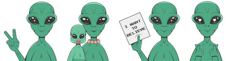 Humanoid aliens with green skin and big eyes. Set of retro characters.