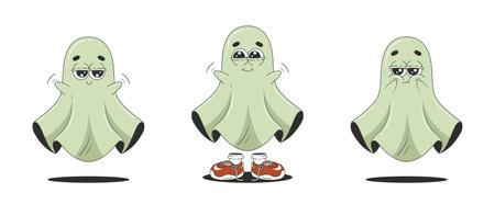 Groovy retro halloween ghosts. Cute spooky characters set. Trendy vector illustration in cartoon style.のイラスト素材