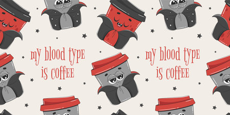Halloween seamless pattern with vampire cups of coffee. Retro groovy style background. Design with cute characters for cafeteria, coffee shop or restaurant.のイラスト素材