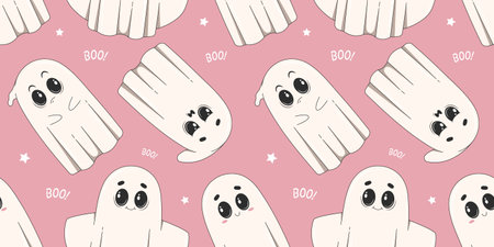 Halloween seamless pattern with cute ghost characters. Cartoon spooky background.のイラスト素材