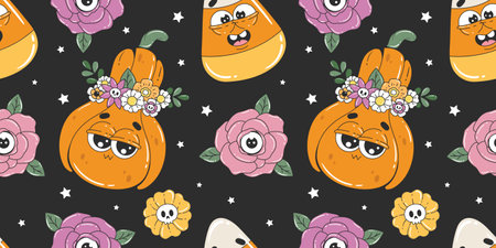 Retro groovy Halloween seamless pattern. Background with cute and spooky pumpkins, candy corns, flowers.のイラスト素材
